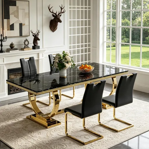 Miniatura 2 de 5 Piece Black Marble Dining Table Set for 4, Modern Faux Marble Kitchen Dining Room Tables with 4 Leather Chairs Set, 68.11" Luxury Rectangular