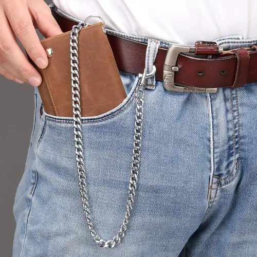 Miniatura 7 de Cartera de piel auténtica con tres pliegues para hombre con cadena cartera de motociclista con cadena larga y resistente Marrón largo
