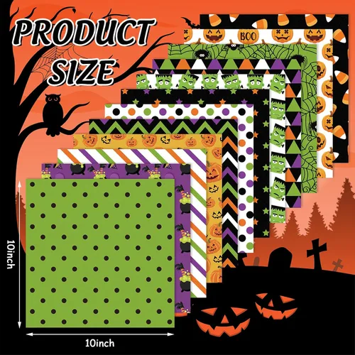 Miniatura 2 de Whaline 12 paquetes de tela de algodón de Halloween de 10 x 10 pulgadas, tela de monstruo de calabaza, telas de costura coloridas para decoración