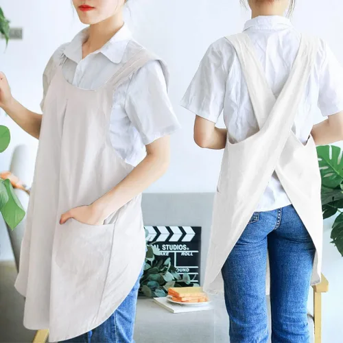Miniatura 3 de NEWGEM - Delantales de cocina de lino japonés para mujeres y hombres, con tirantes cruzados y bolsillos, para repostería y cocina 11 - Mujer Blanco