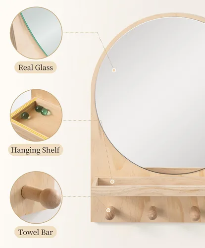 Miniatura 7 de Maxpeuvon Espejo de guardería, espejo circular bohemio para montaje en pared, estante de madera natural, arco colgante, decoración de pared moderna