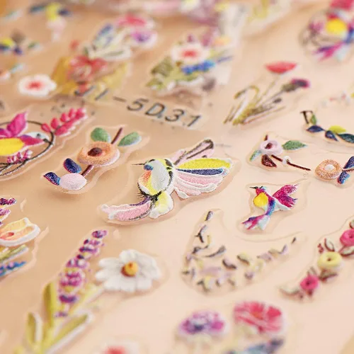 Miniatura 3 de Calcomanías de uñas bronceadas en relieve 5D, 3 hojas de flores de primavera, hierba, pájaro, calcomanías de arte de uñas, accesorios de uñas