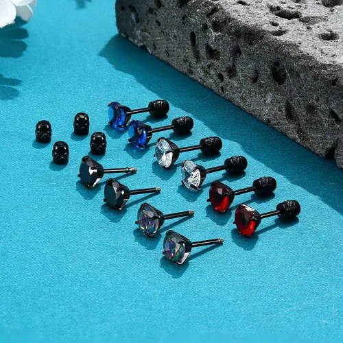 Miniatura 23 de CASSIECA 5 pares de aretes de acero inoxidable con circonita cúbica 5A arcoíris para mujeres y hombres, con diseño de arco iris 5A