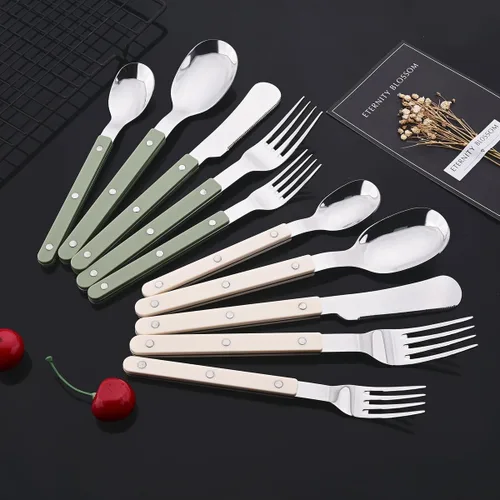 Miniatura 8 de JASHII Juego de cubiertos de 20 piezas de acero inoxidable con remache, juego de cubiertos retro, cuchillo, tenedor, cuchara, servicio para 4 Mango