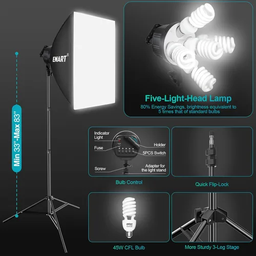 Miniatura 4 de EMART Sistema de soporte de telón de fondo de 7 x 10 pies con bolsa de arena, kit de iluminación para fotografía con 12 bombillas CFL de 45 W, 3