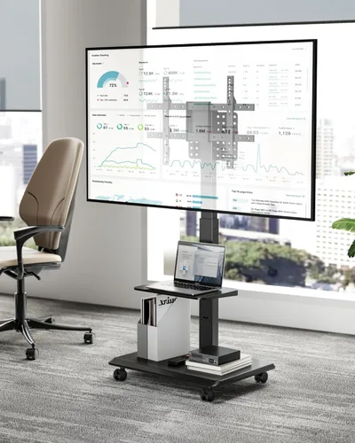 Miniatura 9 de Soporte de TV rodante con base de acero para televisores de 37 a 86 pulgadas hasta 50 kg, soporte móvil para TV con rotación, inclinación y giro