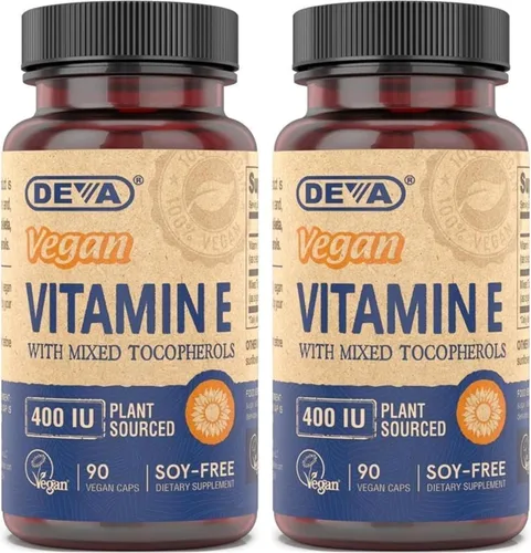 DEVA Vitamina E vegana de fuente natural 400IU con tocoferoles mixtos, sin soja, 90 cápsulas vegetales (paquete de 2)