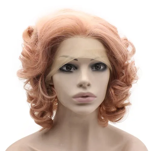 Miniatura 3 de MX angel Pelo sintético rizado corto de la fibra de la peluca rosa del frente del cordón del pelo sintético