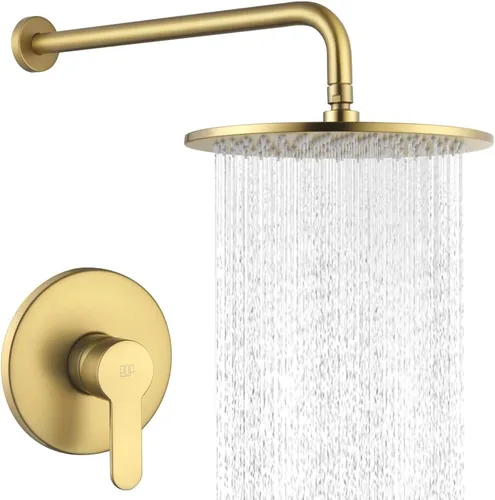 Juego de grifo de ducha dorado cepillado de 10 pulgadas, cabezal de ducha de lluvia redondo y mango, sistema de ducha de lluvia para baño, accesorio