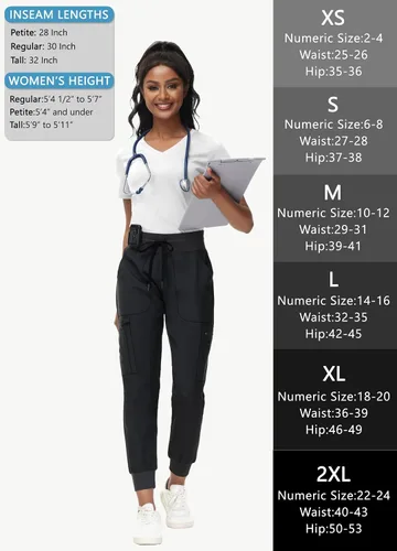Miniatura 7 de Pantalones quirúrgicos de cintura alta para mujer, 8 bolsillos, ajustados, cintura cónica, puños acanalados en los tobillos