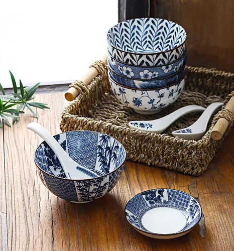 Miniatura 3 de Gegong Paquete de 6 cuencos de cerámica, cuencos de arroz de estilo japonés, cuencos de porcelana azul y blanca de 10 onzas, cuencos de cereales
