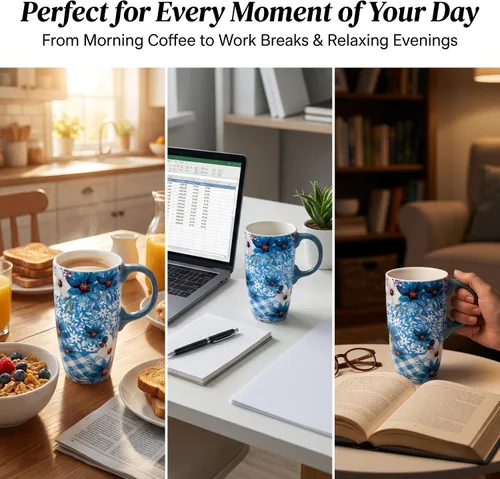 Miniatura 3 de DUSVALLY Taza de Café Alta de Cerámica, Juego de Tazas de Café para Amigos, Taza de Viaje con Tapa para Oficina y Hogar, Regalos Únicos para Mujeres