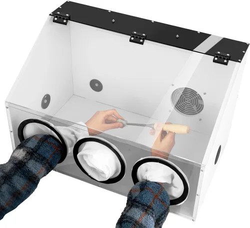 Miniatura 10 de 2 agujeros totalmente cerrados mesa de molienda eléctrica pulidora caja de polvo cubierta de acrílico caja de polvo con luz LED y ventilador