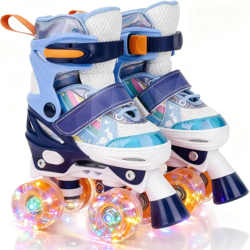 Patines de Cuatro Ruedas para Niños de 5 6 8 12 Años 4 Tallas Ajustables Patines Quad para Niñas Niños Pequeños con Ruedas que se Iluminan Mejor