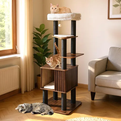 Miniatura 2 de PETSITE Árbol de madera para gatos de 64 pulgadas, torre para gatos moderna de varios niveles con postes rascadores, amplio condominio con agujero