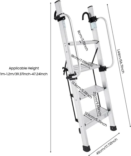 Miniatura 3 de Escalera montada en la pared, litera de metal de 4 escalones, escalera de escalada con pasamanos ajustables para ático, sótano, exterior, 56.7 x