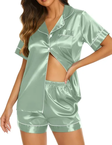 Miniatura 36 de Ekouaer Pijamas de seda para mujer, ropa de dormir de manga corta, suave, con botones, ropa de descanso, 2 piezas, pijama de satén, conjunto