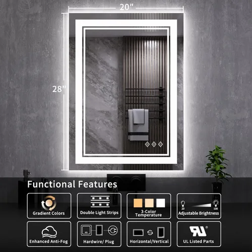 Miniatura 2 de Espejo LED, 20 x 28 pulgadas, gradiente frontal y retroiluminado LED, espejo de baño LED de 3 colores regulables CRI>90, IP54, espejo de baño