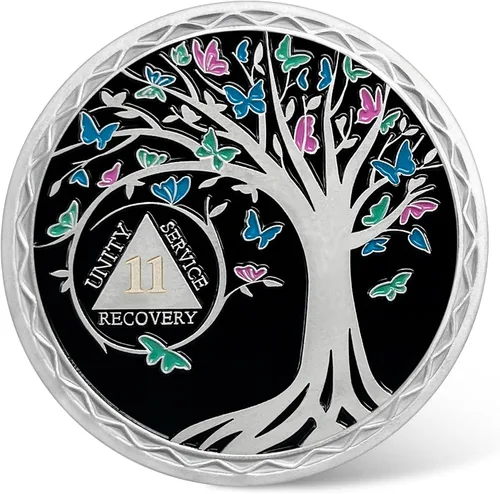 Miniatura 3 de Moneda de sobriedad de 11 meses – Monedas AA del árbol de la vida de mariposa de recuperación – Fichas AA de once meses y medallones – 1-40 chips