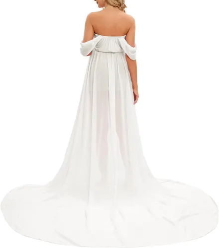 Miniatura 5 de ZIUMUDY Vestido largo de gasa de maternidad para sesión de fotos, fotografía con hombros descubiertos, vestido de gasa transparente envuelto