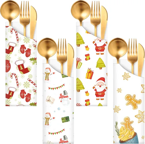 Miniatura 8 de Roowest 100 bolsas de cubiertos de Navidad desechables, soporte para cubiertos de papel de Navidad, bolsas para Navidad, hogar, boda, fiesta