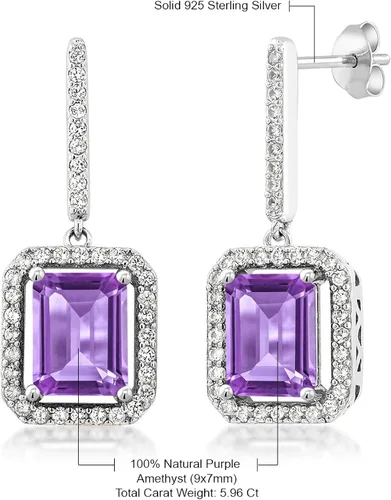 Miniatura 4 de Gem Stone King Aretes colgantes de plata de ley 925 con amatista morada para mujer