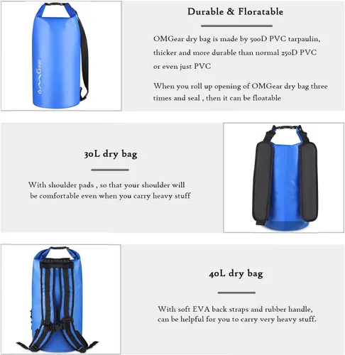 Miniatura 4 de OMGear - Bolsa seca impermeable y bolsa para teléfono, bolsa flotante de 40L/30L/20L/10L/5L para kayak, navegación, actividades al aire libre Azul