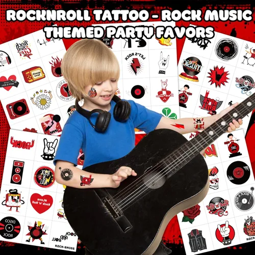 Miniatura 3 de Calcomanías de tatuajes temporales de rock para niños, niñas y adultos, 60 tatuajes temáticos de bandas musicales con guitarras, tambores, pernos