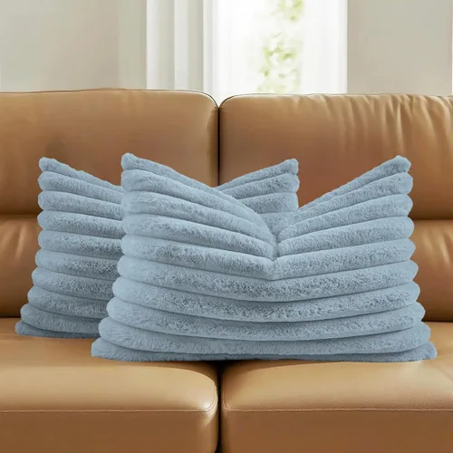 Miniatura 60 de FUTEI - Juego de 2 fundas de almohada decorativas con rayas, cuadradas, para invierno, piel sintética de conejo suave y acogedora y respaldo