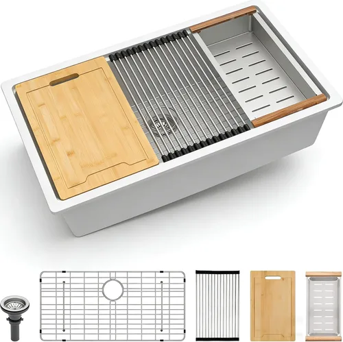 Miniatura 19 de Lordear Fregadero de Bar Empotrado de Granito Compuesto de 18 Pulgadas 18"x18" Fregaderos de Cocina de Cuarzo Compuesto Negro de Un Solo Tazón Bajo