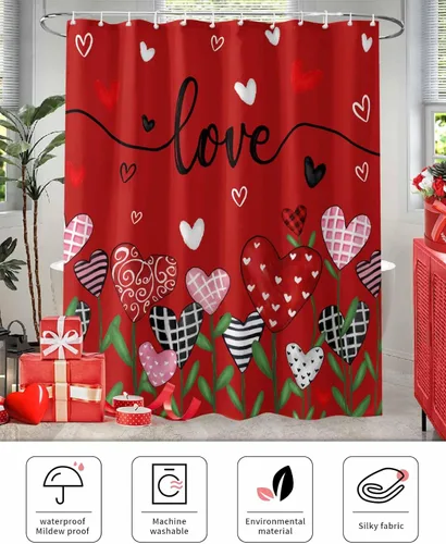 Miniatura 5 de Cortinas de ducha feliz día de San Valentín para baño gnomos, cortina de ducha de tela con ganchos, juego de cortina de ducha con corazones