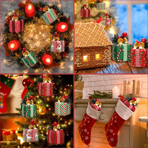 Miniatura 7 de Panelee 12 Piezas Cajas de Regalo de Árbol de Navidad Adornos Mini Adornos Rojos y Verdes Paquetes Envueltos de Navidad con Campana Bayas Rojas