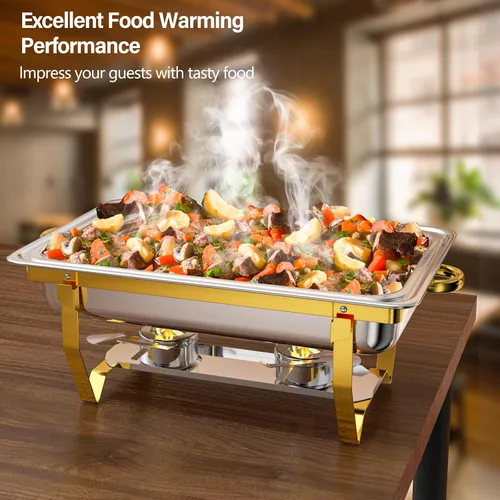 Miniatura 2 de Juego de 2 Platos de Roce de 8 Qt para Buffet, Juego de Chafer para Catering de Acero Inoxidable de Tamaño Completo Dorado, Rectangular