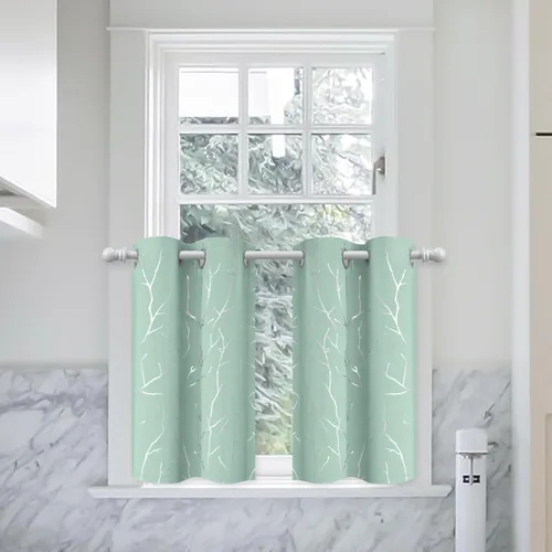Miniatura 2 de BUHUA Cortinas pequeñas para ventana de 36 pulgadas de largo, 2 paneles, cortinas opacas con elegantes ramas de árbol plateadas, cortinas de bloqueo