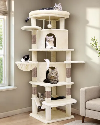 Miniatura 13 de Globlazer Árbol esquinero para gatos grandes, serie curvada de 66 pulgadas de alto, torre grande para gatos de interior con 6 postes rascadores, 2