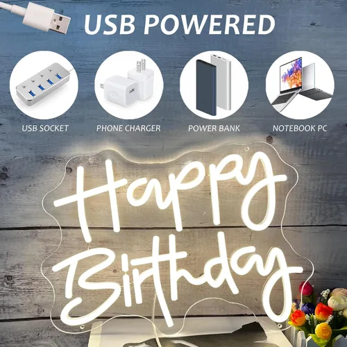 Miniatura 4 de Letrero de neón de feliz cumpleaños, blanco cálido, alimentación USB