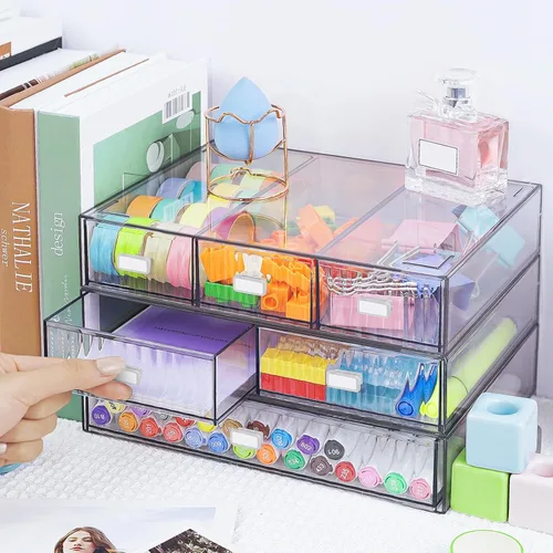 Miniatura 2 de Organizador de Escritorio Apilable de 3 Niveles con 6 Cajones, YOCOMEY Caja de Almacenamiento de Escritorio de Plástico con Cajones, Organizador