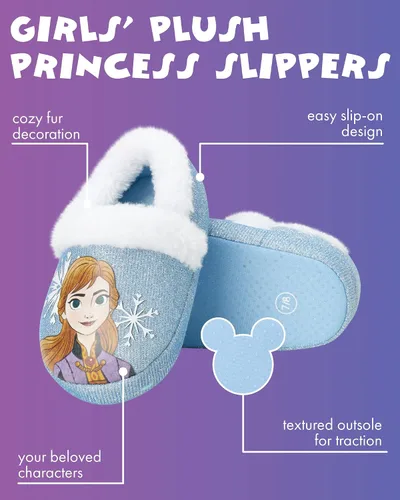 Miniatura 2 de Disney Girls' Frozen Slippers - Plush Fuzzy Elsa and Anna Slippers with Non-Skid Soles (ToddlerLittle Kid)