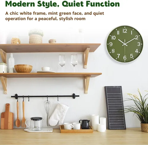 Miniatura 2 de Reloj de pared silencioso sin tictac, funciona con pilas, moderno reloj de pared analógico verde oliva para sala de estar, cocina, oficina