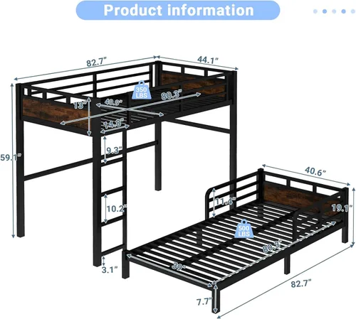 Miniatura 2 de Litera Twin XL sobre Twin XL, literas convertibles de metal que se pueden separar en cama alta y cama baja, estructura de cama resistente