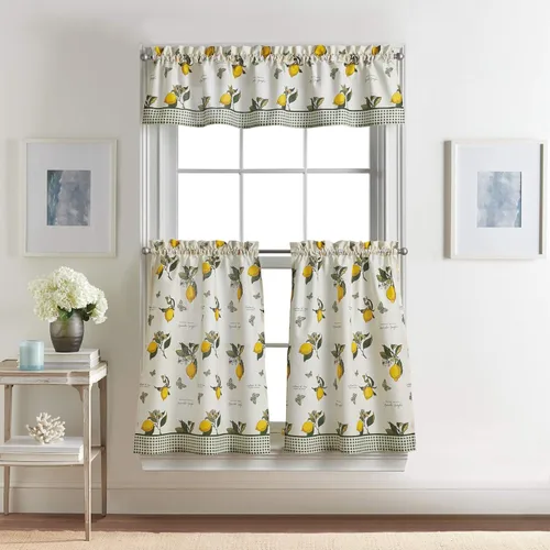 Lemon - Juego de cortinas de cocina y cenefa, 3 piezas, cortinas para ventana pequeña, estilo rústico, estilo campestre, vintage, con filtro de luz,
