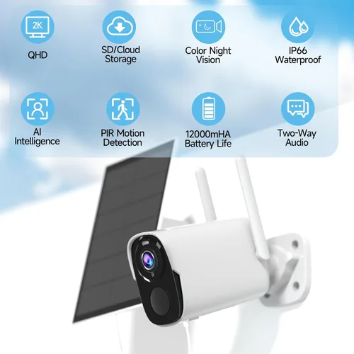 Miniatura 2 de ELECCTV Cámaras de seguridad solar QHD 2K WiFi inalámbrica para exteriores, batería de 12000 mAh, IP66 impermeable, audio bidireccional, visión