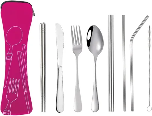 Miniatura 7 de Hoshen Cuchillo de acero inoxidable, tenedor, cuchara, palillos, vajilla de paja, juego de ocho piezas de vajilla occidental, cuchillo y tenedor