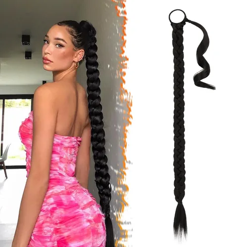 Miniatura 69 de Barsdar Extensión de 26 Pulgadas de Cola de Caballo Trenzada Larga con Banda Elástica - Extensiones de Cabello en Cola de Caballo Recta y Elegante