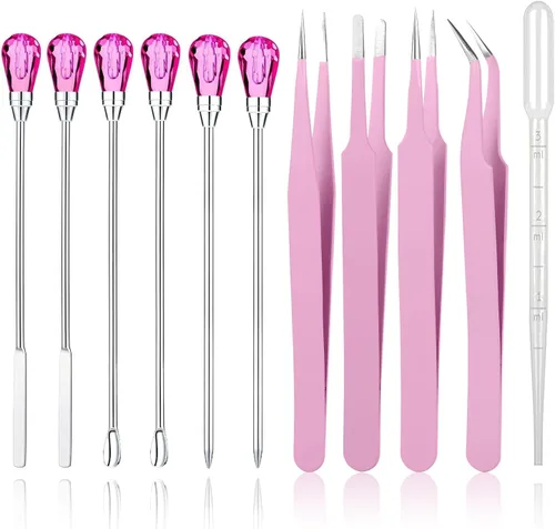 Miniatura 16 de MSDADA Juego de 11 herramientas de molde de resina de silicona, aguja para agitar, cuchara, herramientas de pinzas, kit de precisión, pinzas