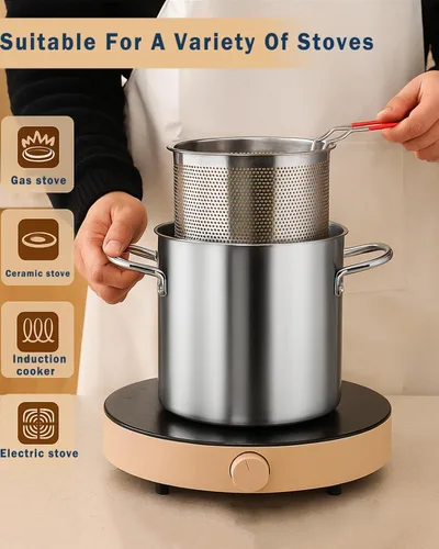 Miniatura 4 de Freidora de acero inoxidable de 3.2 cuartos de galón con cesta y tapa, sartén profunda multifuncional con colador para cocinar en casa