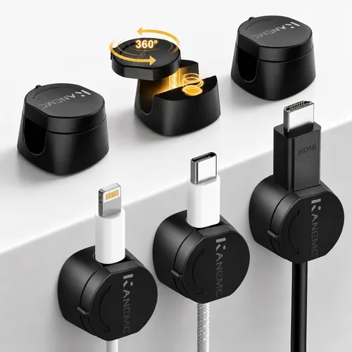 Miniatura 10 de Kanemc Clips de cable para escritorio, organizador magnético de alambre giratorio de 360°, gestión de cables autoadhesivos para escritorios