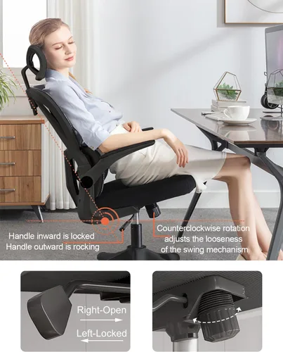 Miniatura 5 de Silla de oficina de malla, ergonómicas de respaldo alto con ruedas y reposacabezas ajustables, cómodos brazos abatibles para el hogar, dormitorio