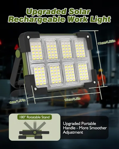 Miniatura 8 de Luz de Trabajo Solar Recargable de 120W, Luz de Inundación Portátil con Soporte, Luz de Trabajo LED de 144 LEDs 10000LM con 4 Modos, Luz de Trabajo