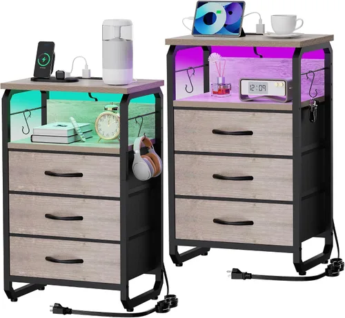 Miniatura 15 de runjuly Mesita de noche con luz, mesa auxiliar LED con cajones y estación de carga con puerto tipo C, pequeña mesa de noche con ganchos, cómoda